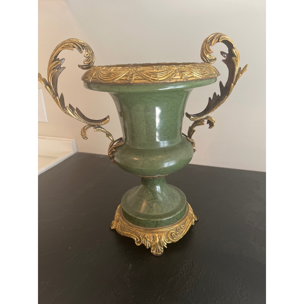 Andrea by Sadek Sage Green Crackle Porcelain Urn Gold Ornate Metal Mounts 11.5"
